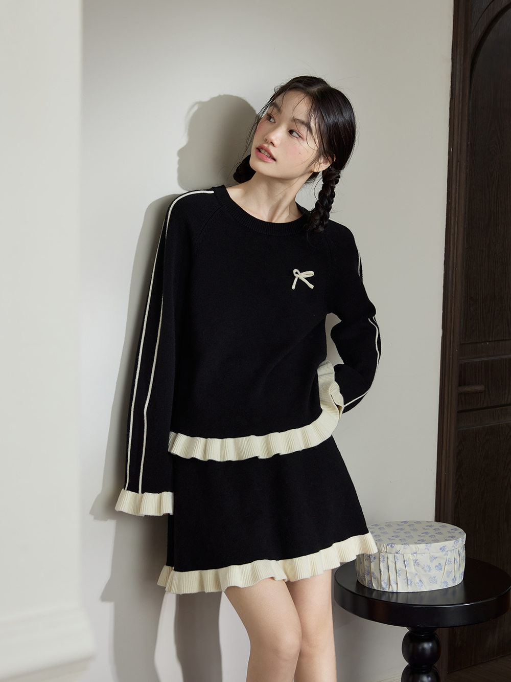 Contrast-Trim Sweater and Skirt