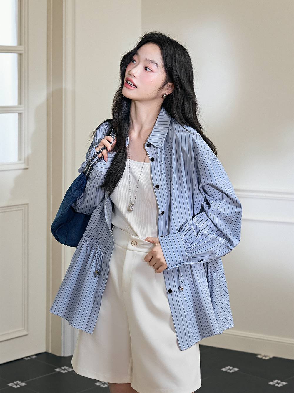 Striped Drawstring Waist Blouse