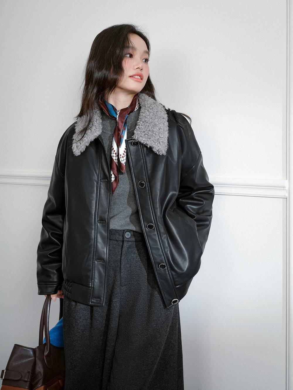 Furry Collar Faux Leather Jacket