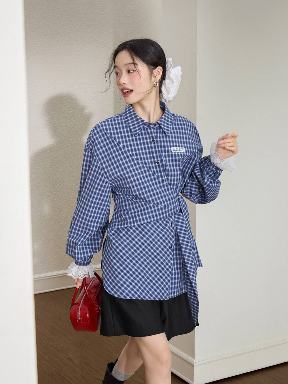 Plaid Tie Waist Blouse