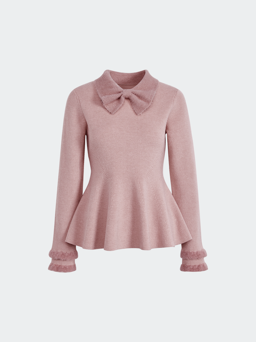Bow Collar Ruffle Hem Sweater