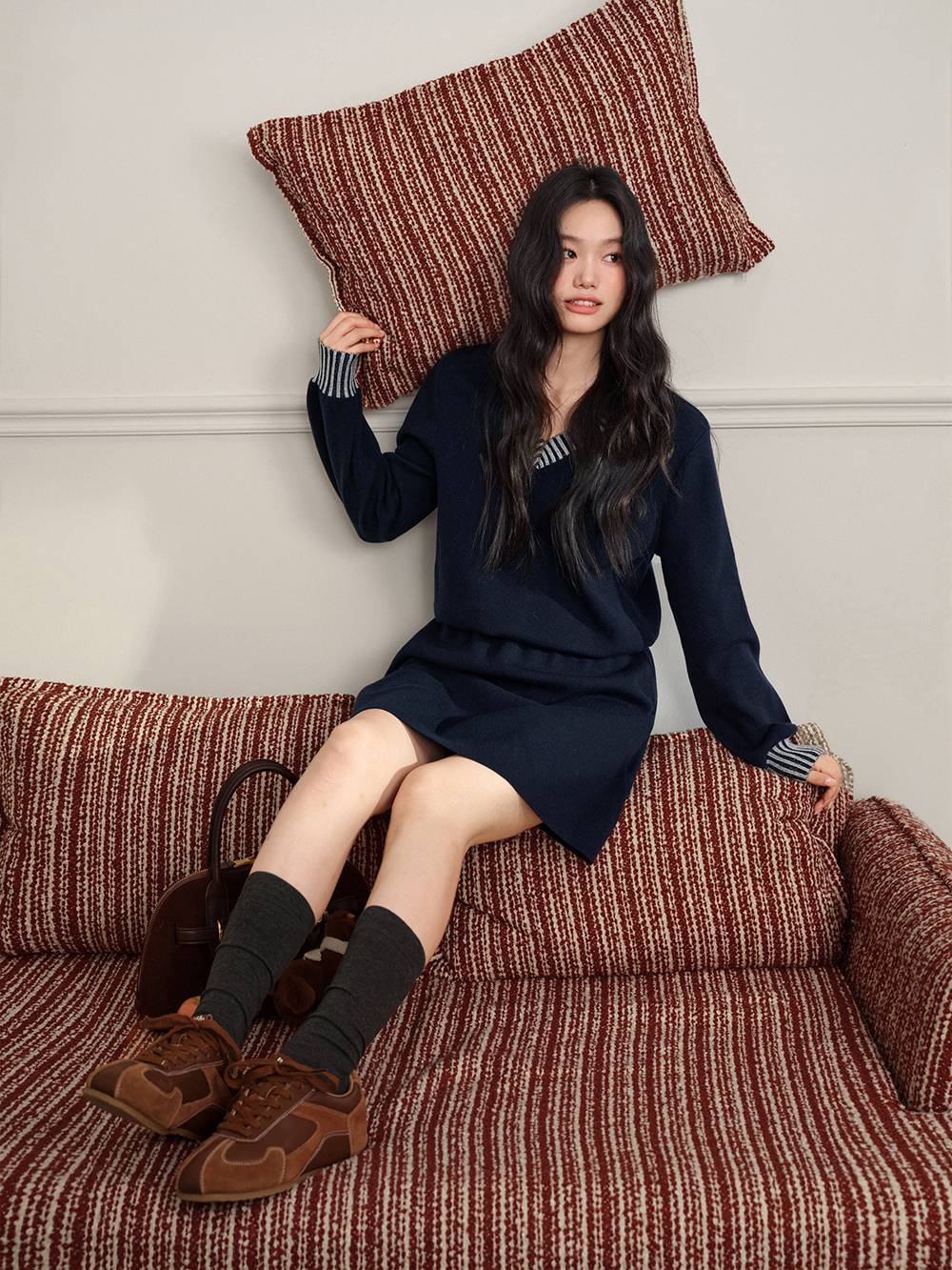 Striped Waist Cinched Knit Dress