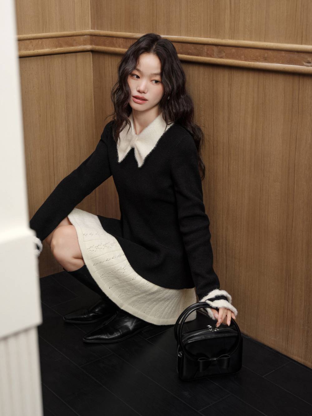 Bow Collar Ruffle Hem Sweater