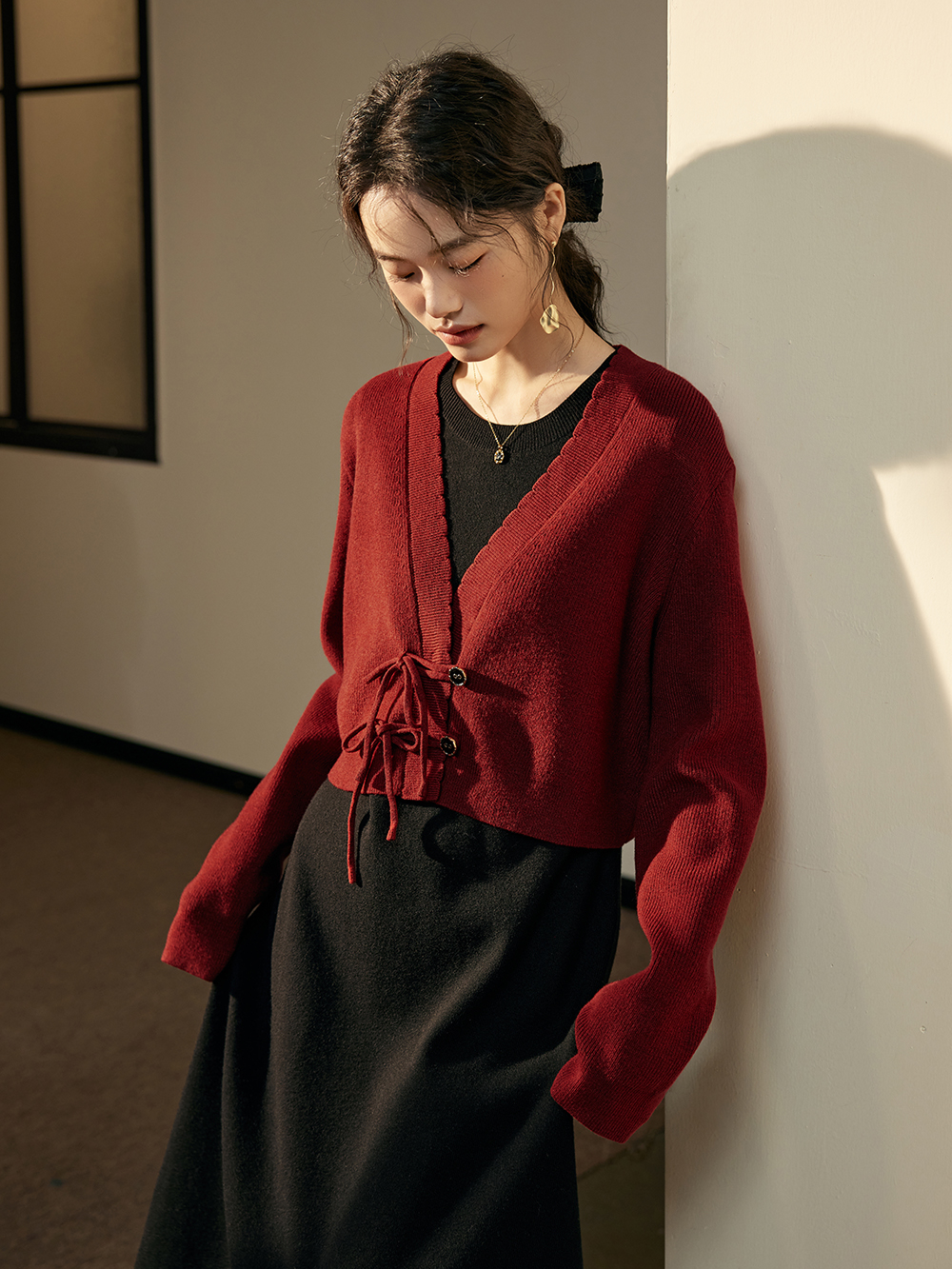 Red Cardigan and Black Dress