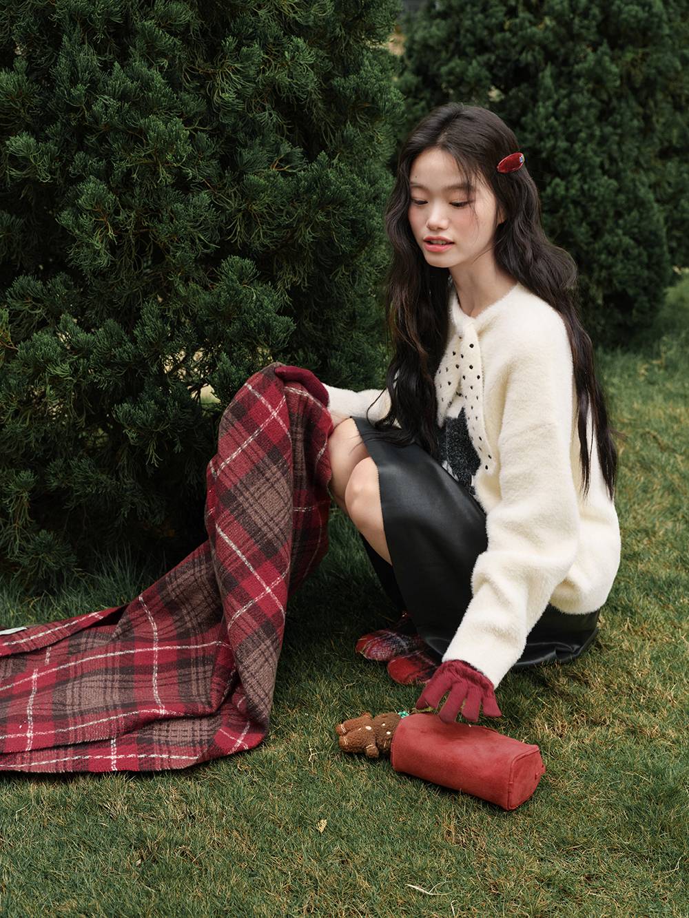 Cat Graphic Sweater with Polka Dot Tie