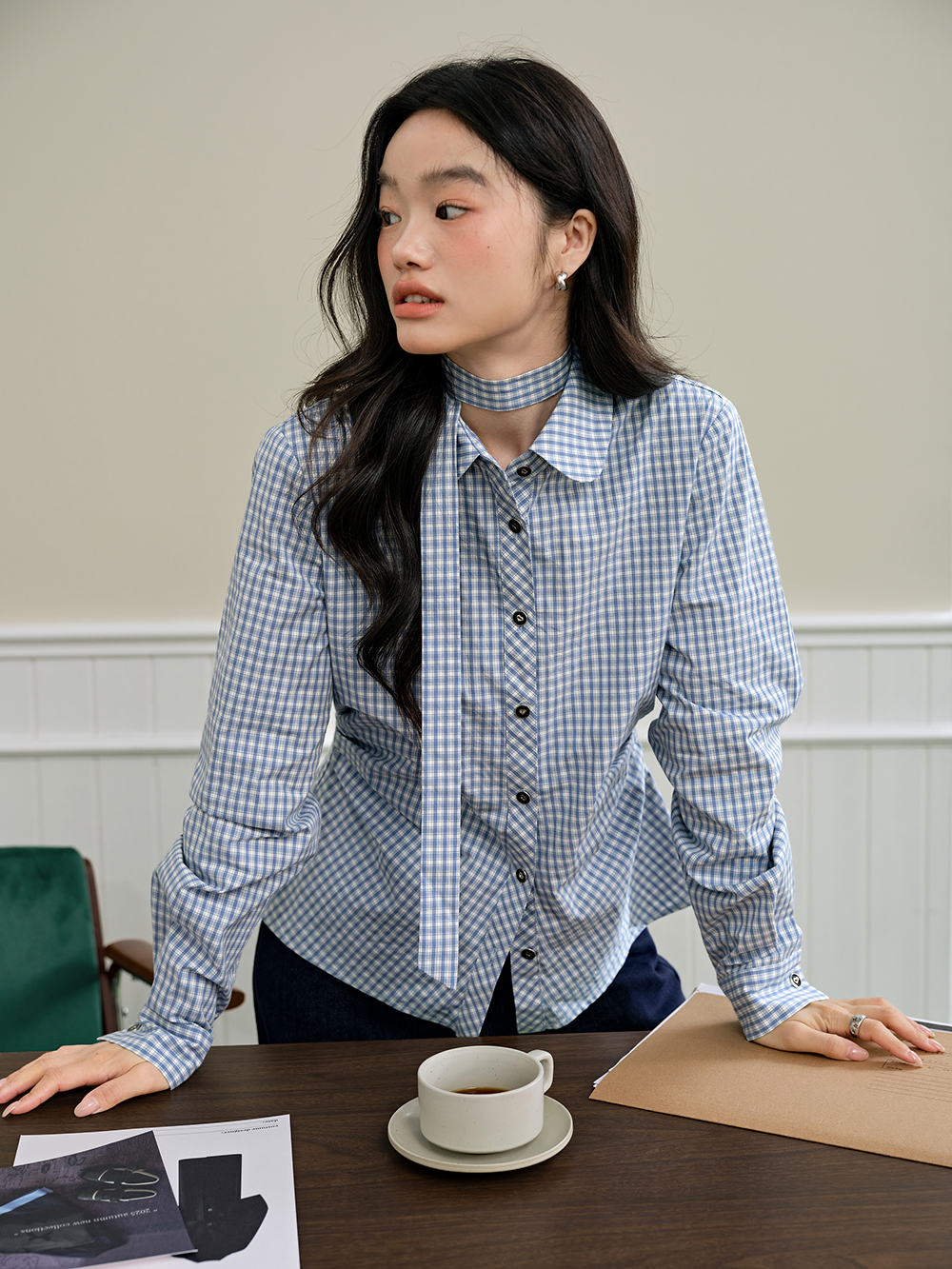 Plaid Bow Tie Blouse