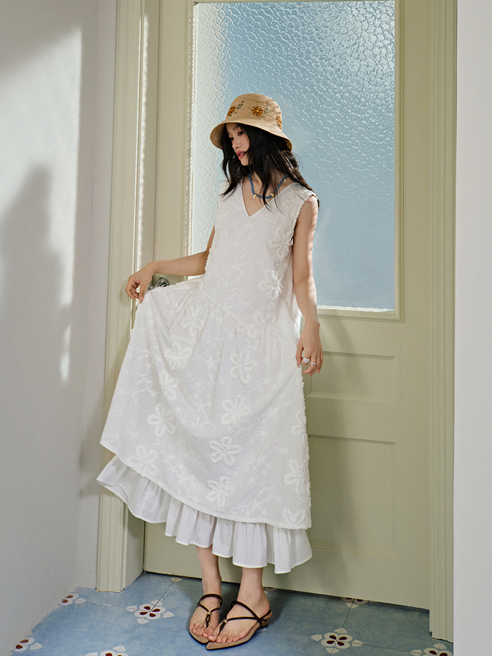 V-neck Textured Floral Dress