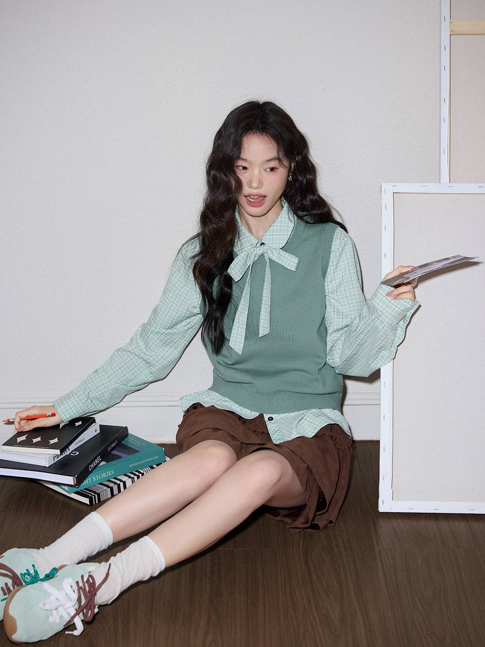 Plaid Bow Tie Blouse