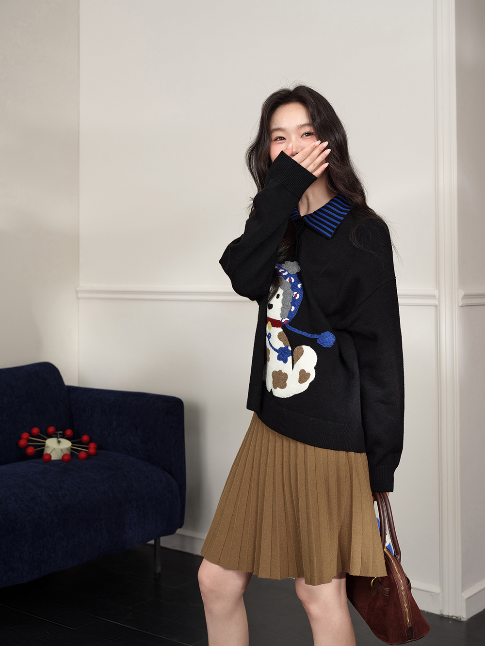 Striped Collar Dog Graphic Sweater