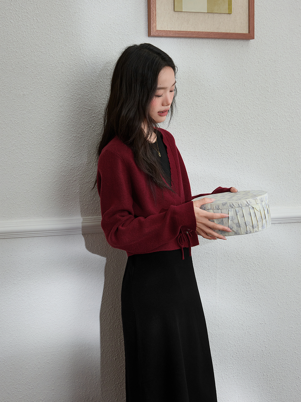 Red Cardigan and Black Dress