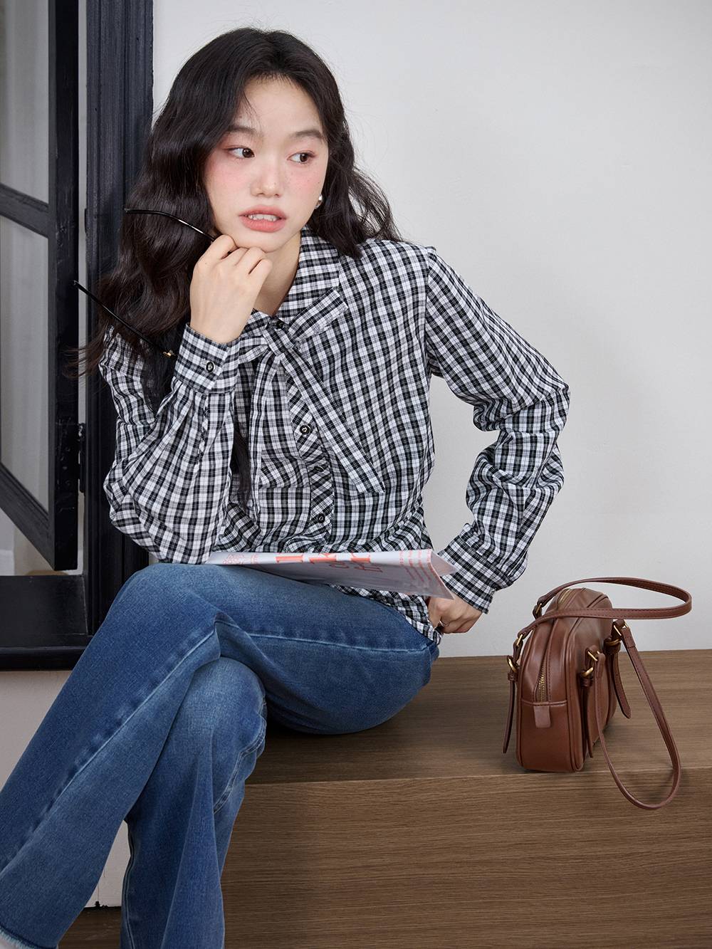 Plaid Bow Tie Blouse