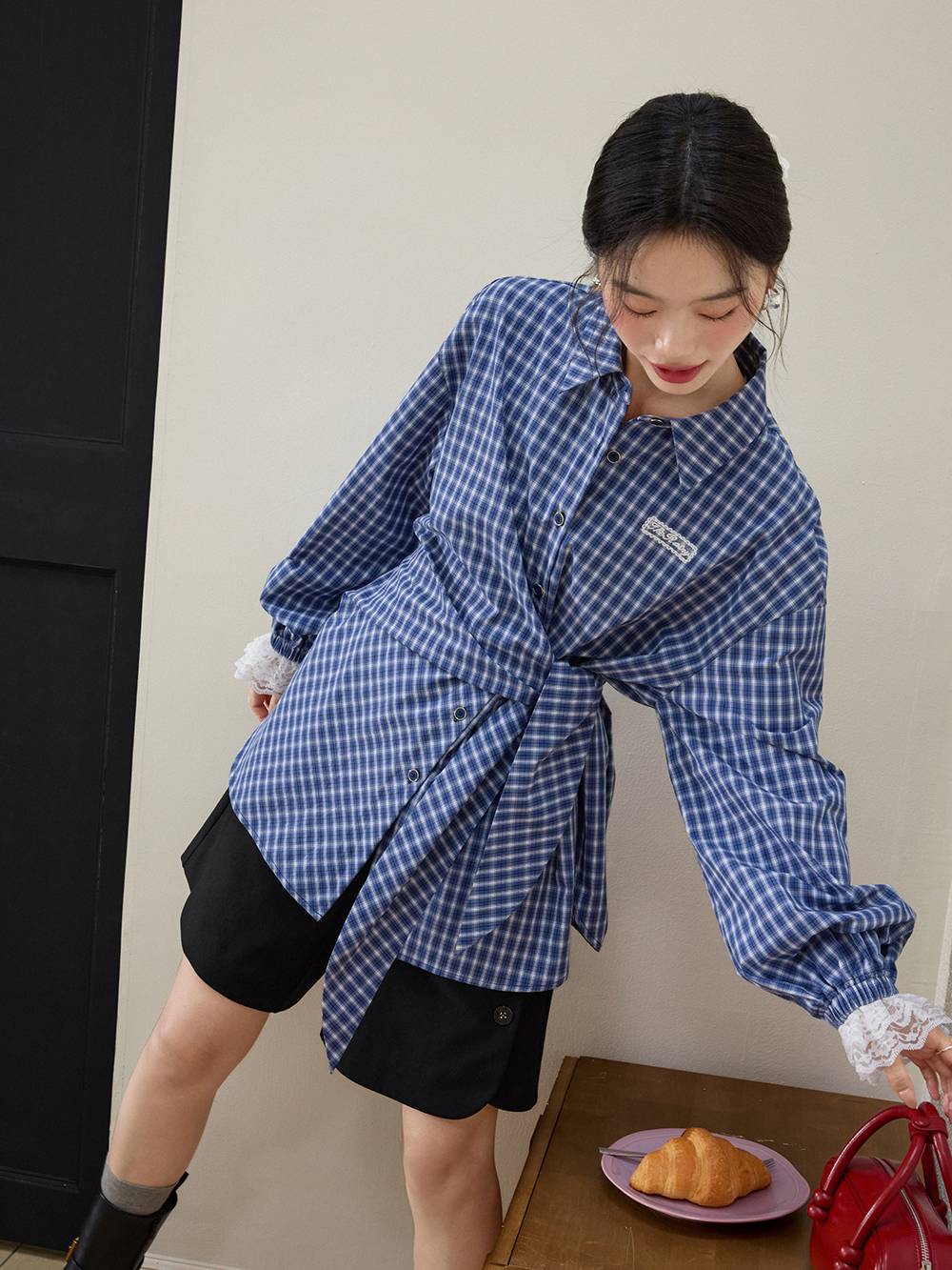 Plaid Tie Waist Blouse