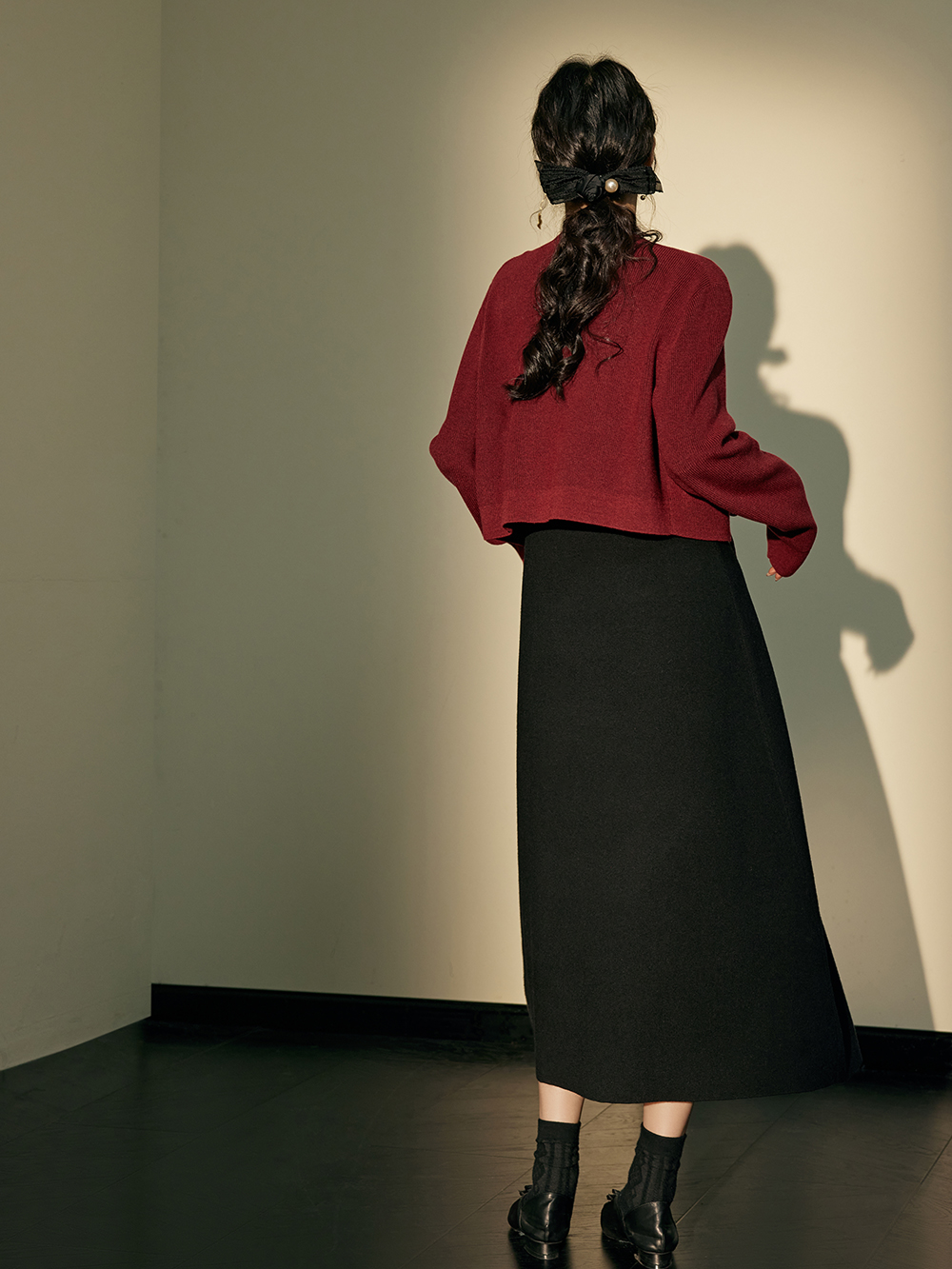 Red Cardigan and Black Dress