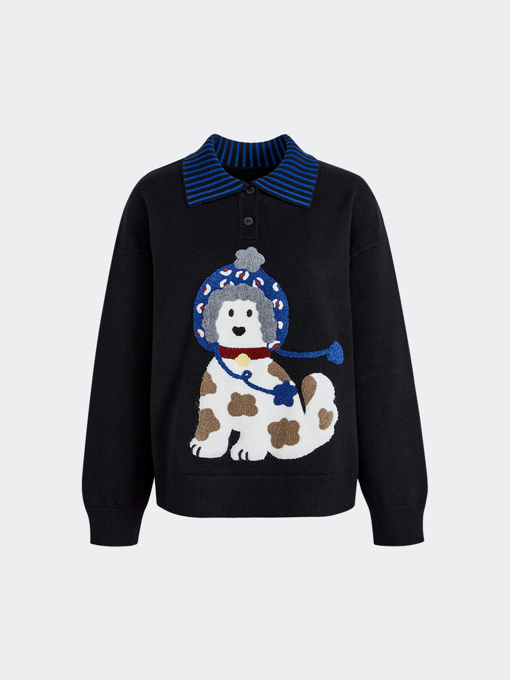 Striped Collar Dog Graphic Sweater