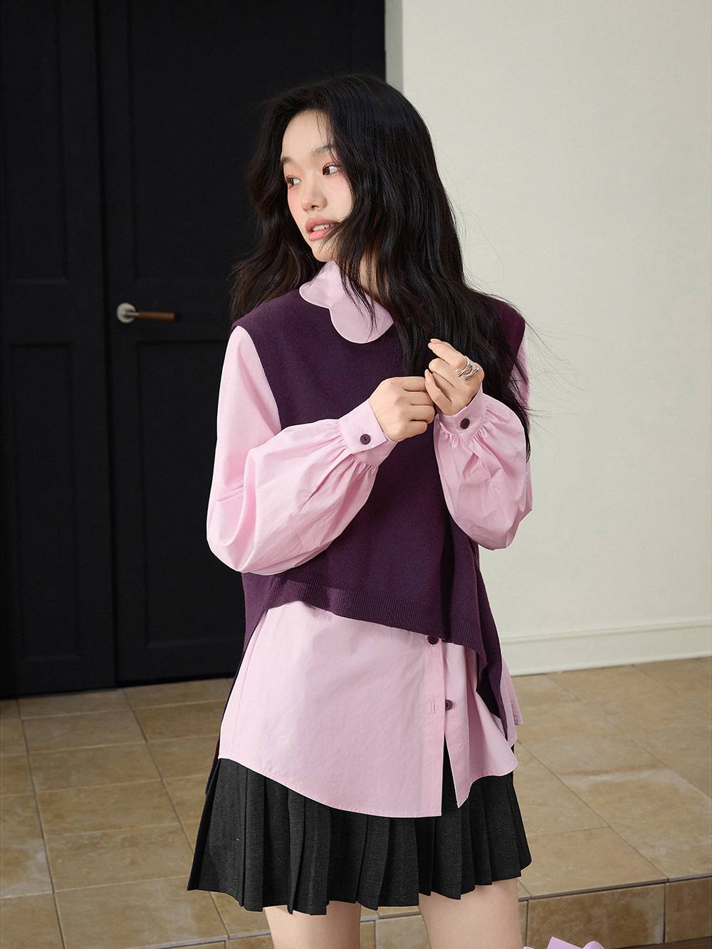 Petal Collar Shirt and Knit Vest