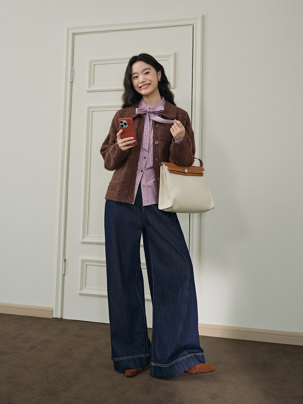 Plaid Bow Tie Blouse