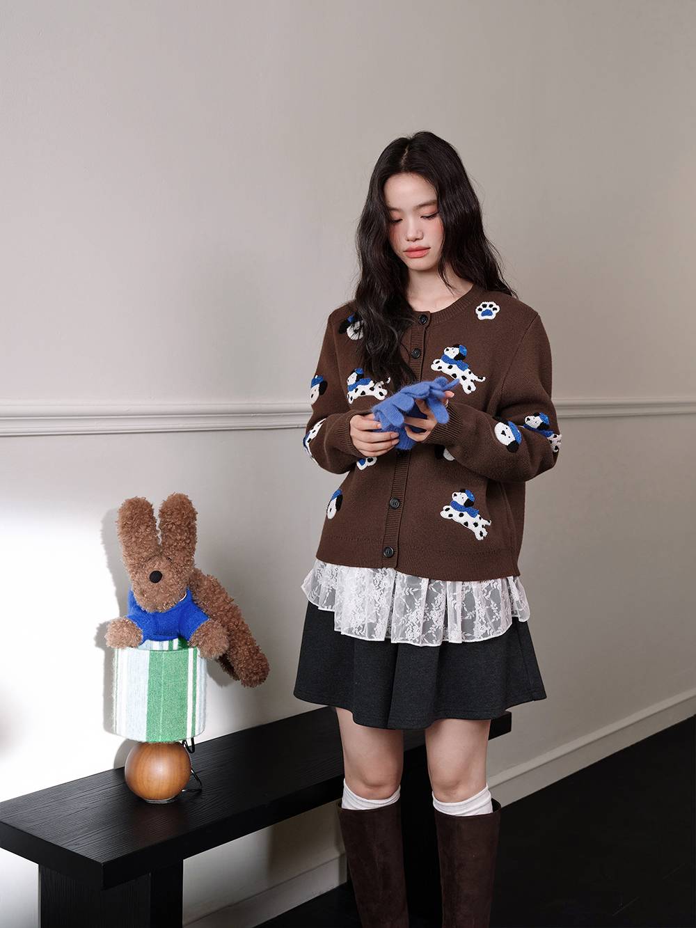 Puppy Embroidered Cardigan Sweater