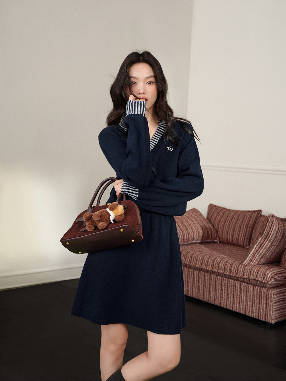 Striped Waist Cinched Knit Dress