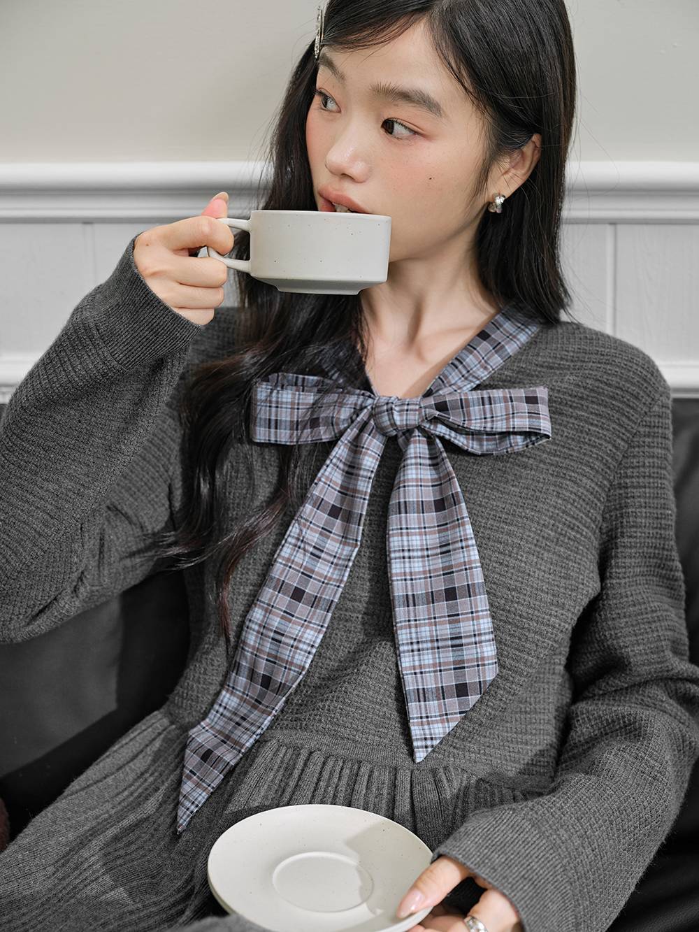 Plaid Ribbon Tie Knit Dress