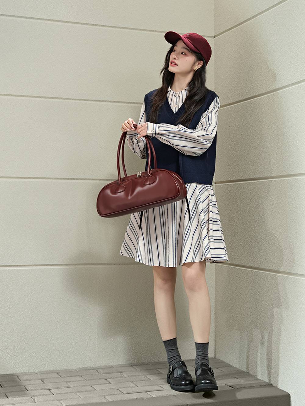 Vest and Striped Dress