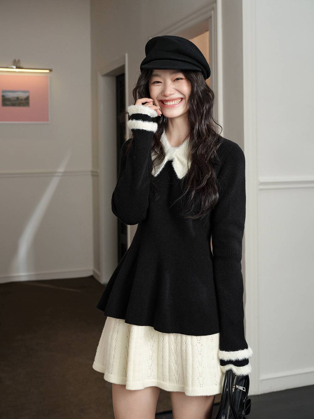 Bow Collar Ruffle Hem Sweater