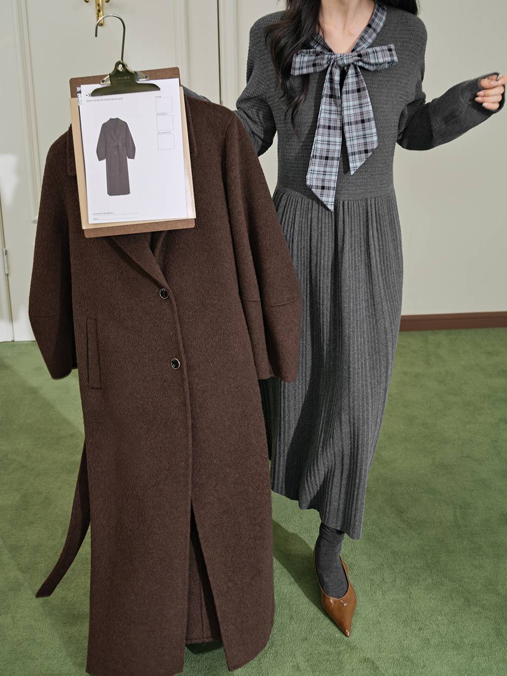 Plaid Ribbon Tie Knit Dress