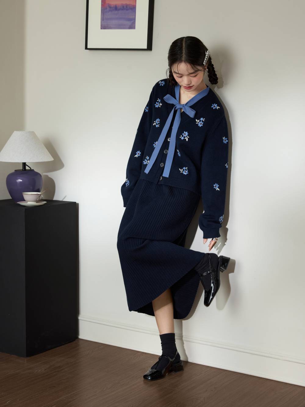 Embroidered Cardigan and Ribbon Tie Dress