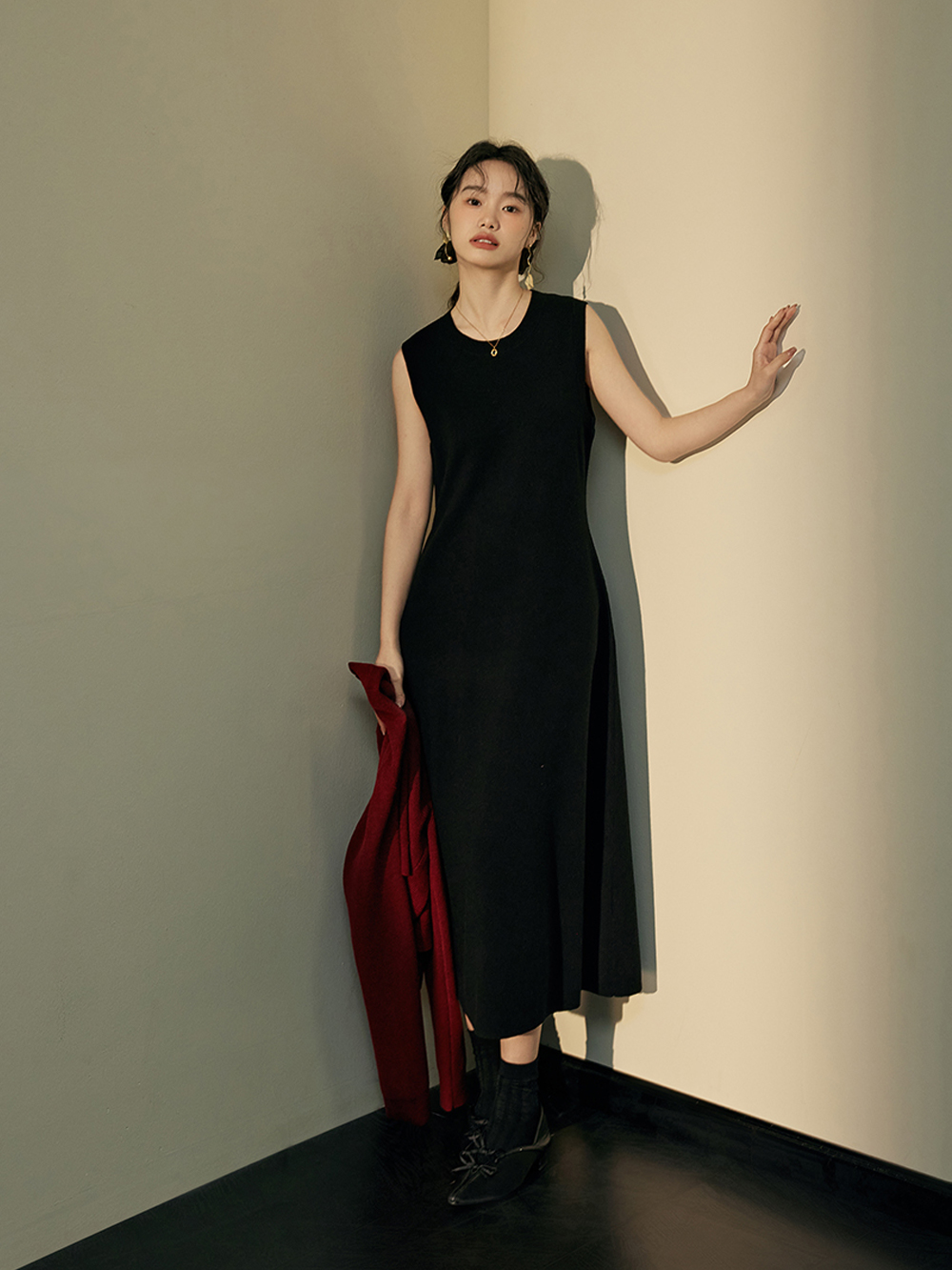 Red Cardigan and Black Dress