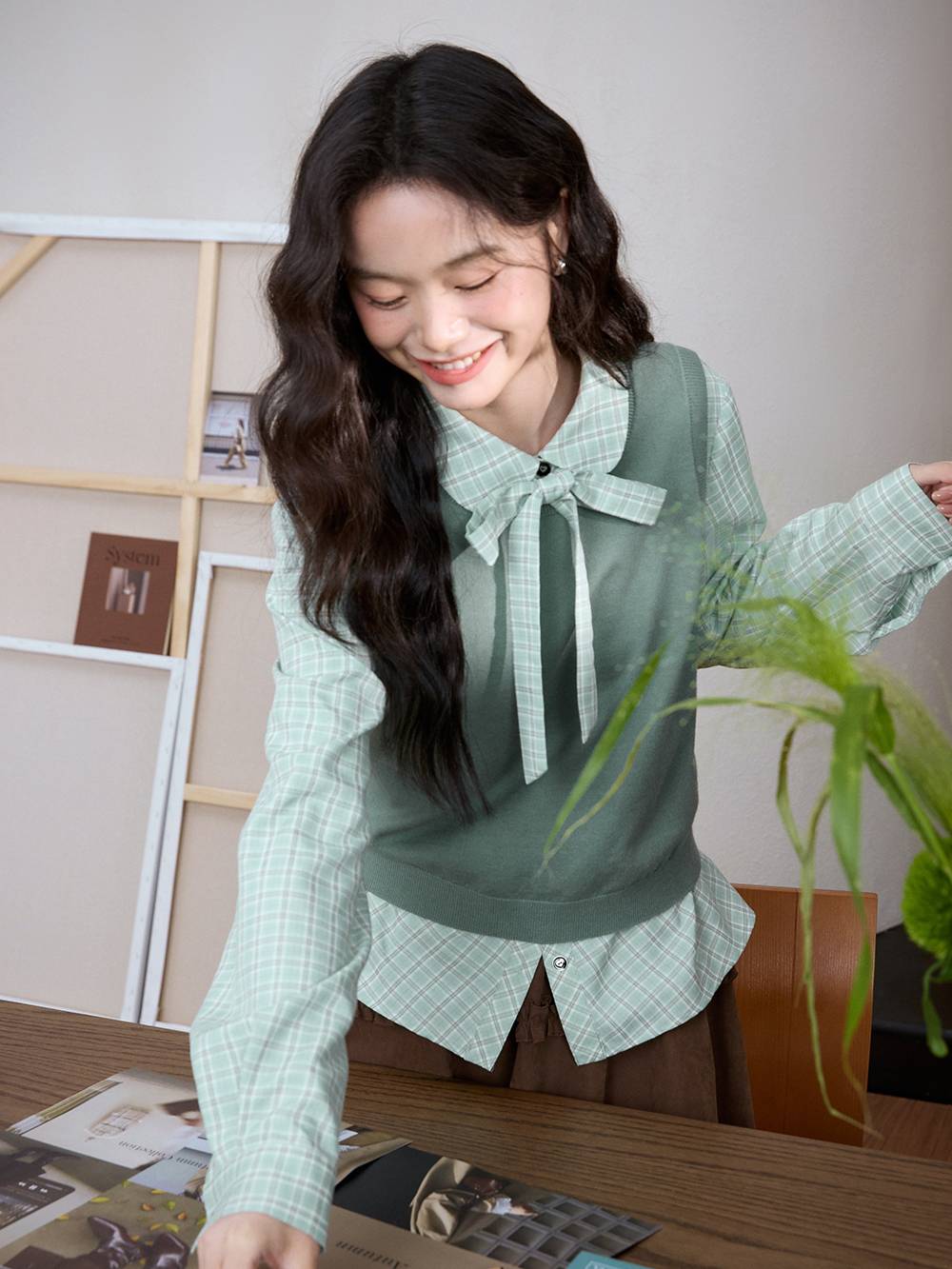 Plaid Bow Tie Blouse