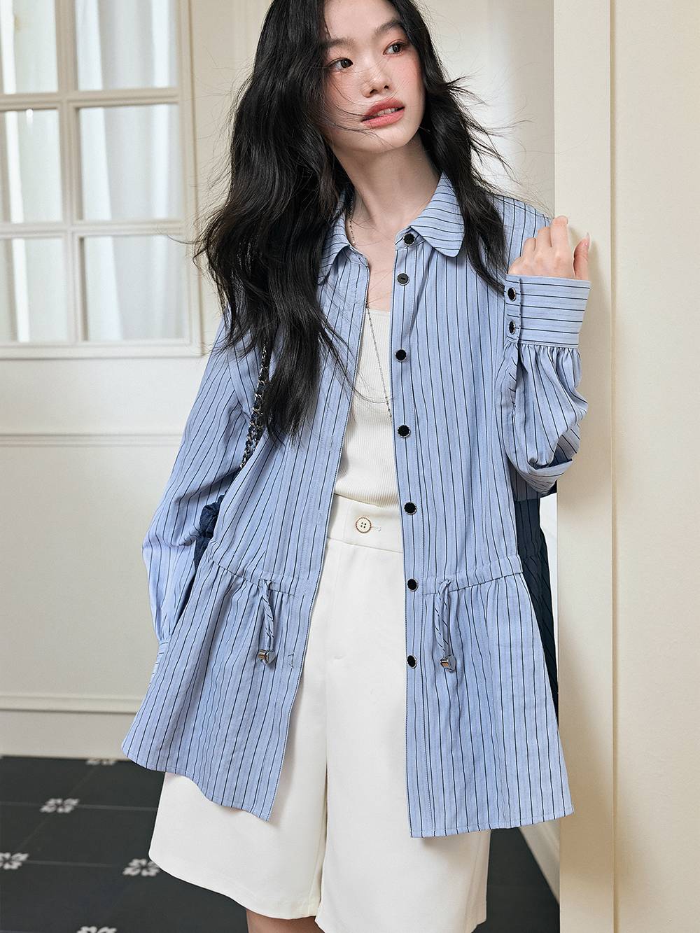 Striped Drawstring Waist Blouse