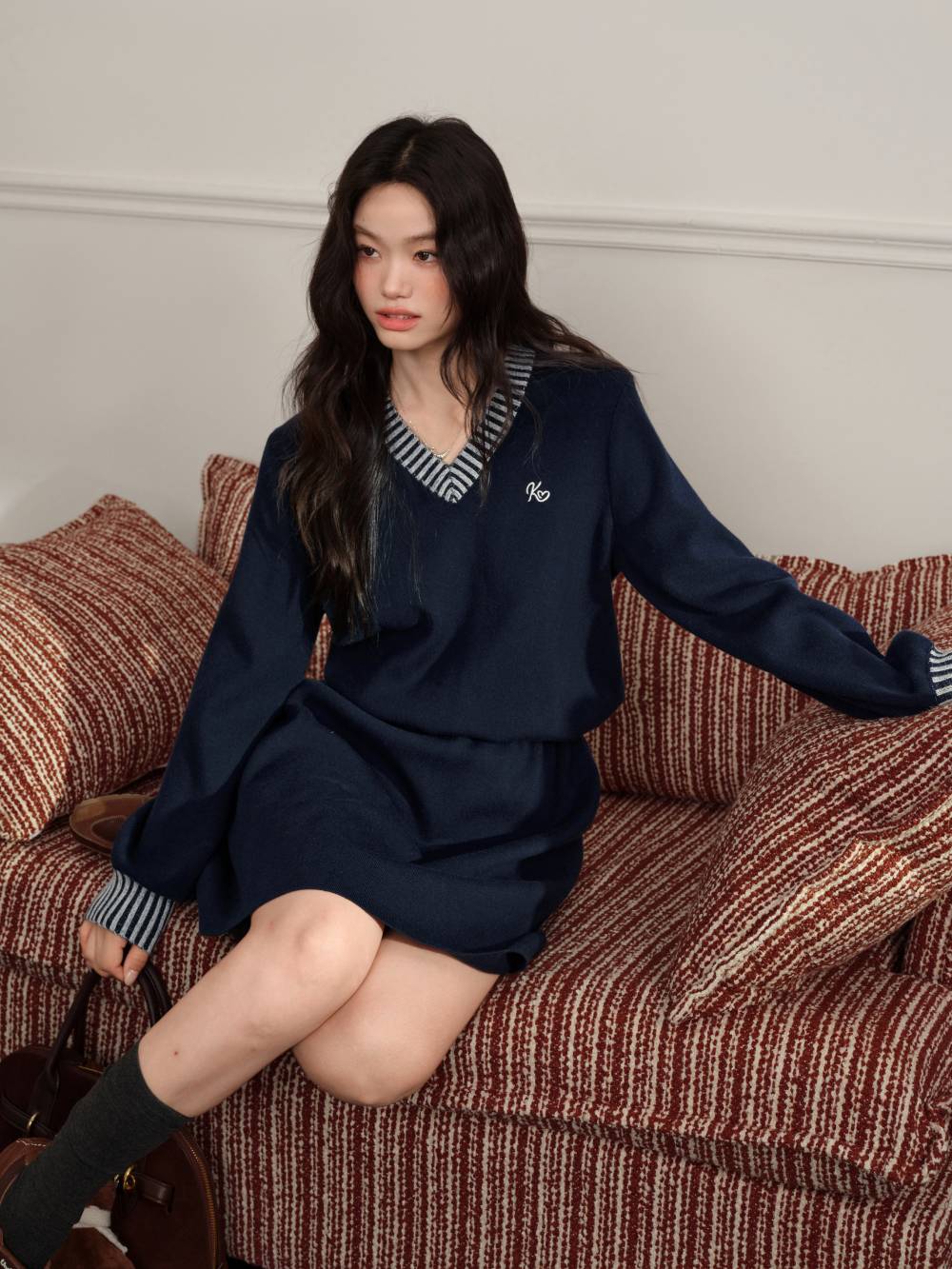 Striped Waist Cinched Knit Dress