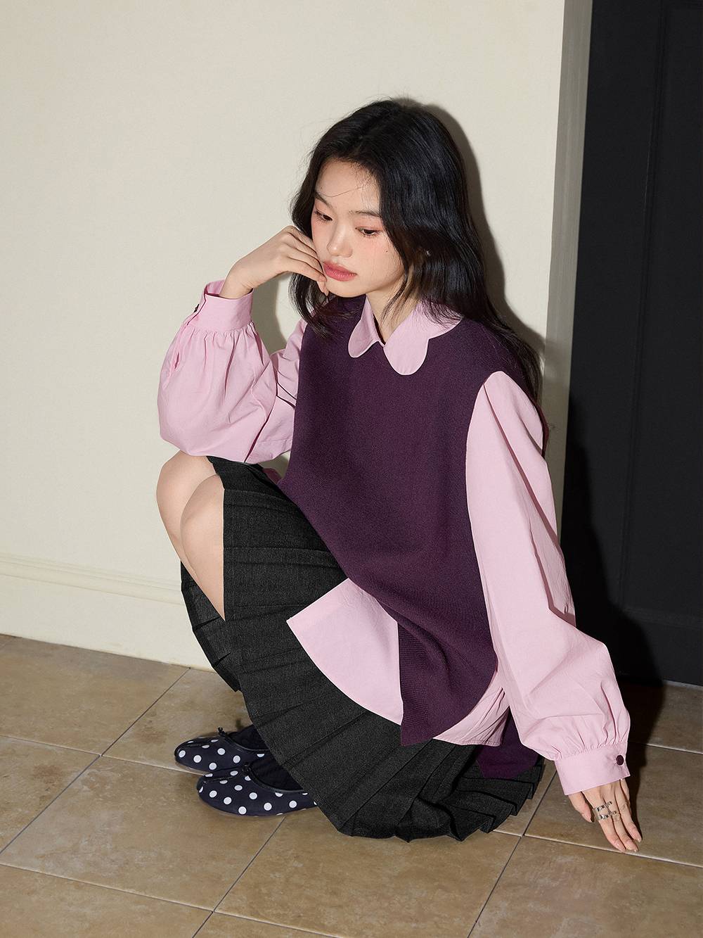 Petal Collar Shirt and Knit Vest