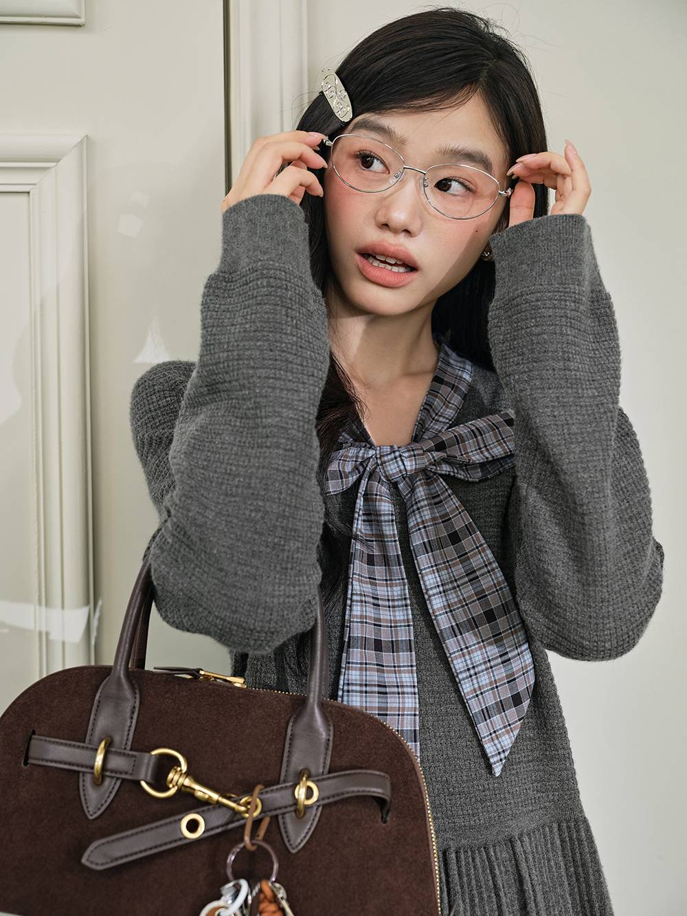 Plaid Ribbon Tie Knit Dress