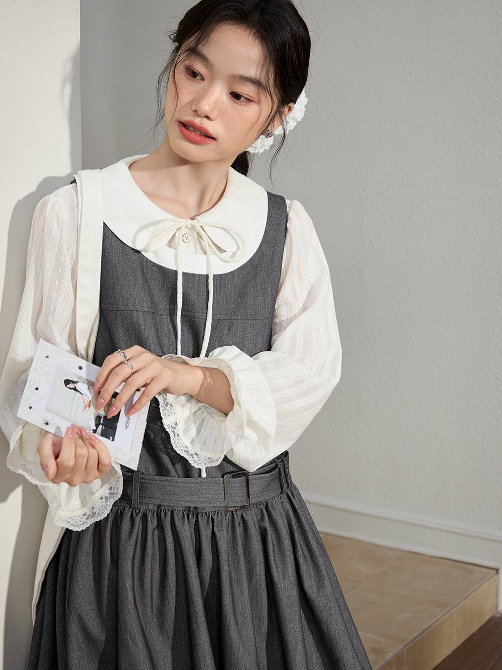 Bubble Hem Dress and White Blouse