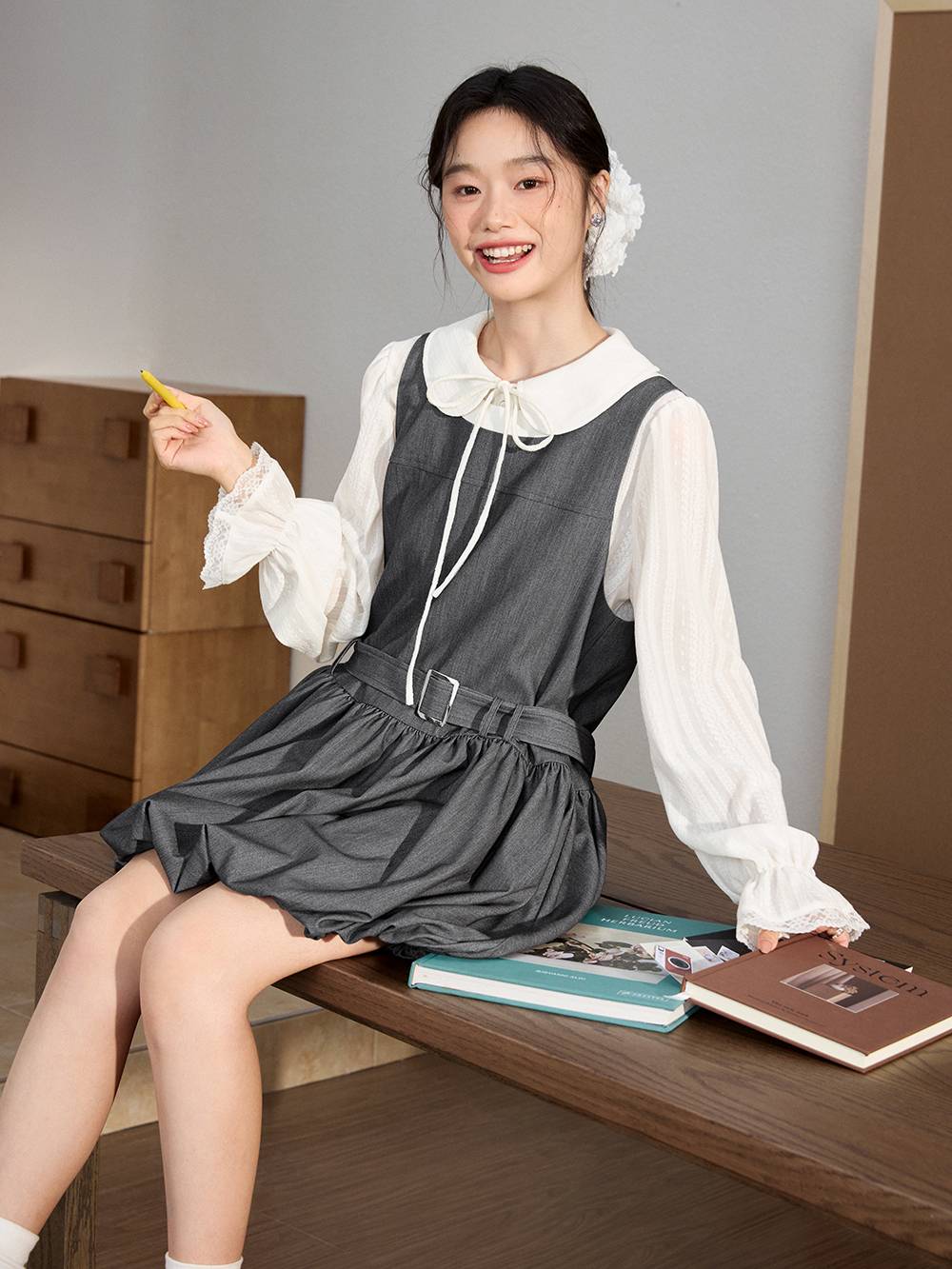 Bubble Hem Dress and White Blouse