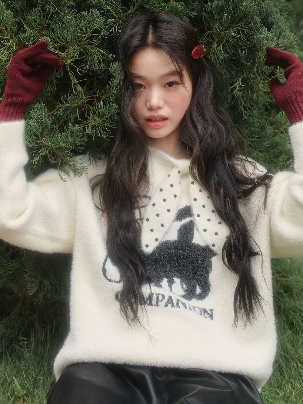 Cat Graphic Sweater with Polka Dot Tie