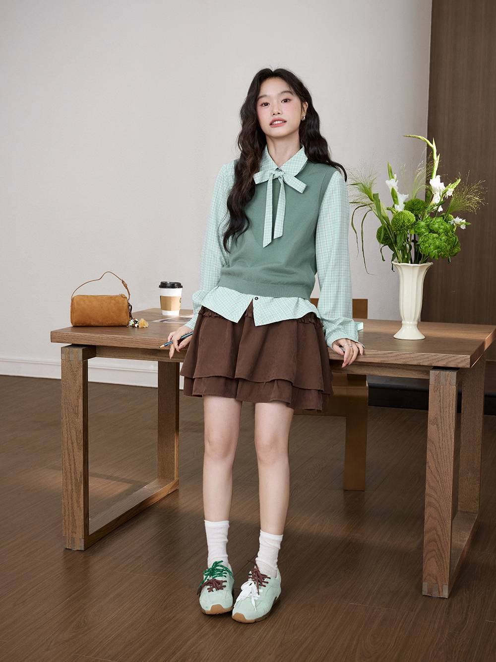 Plaid Bow Tie Blouse