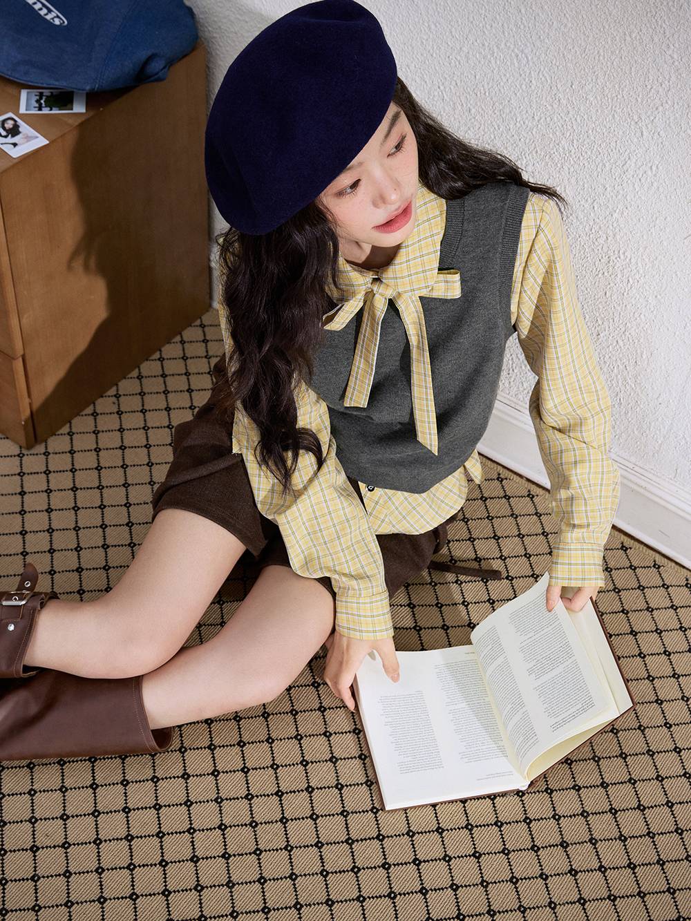 Plaid Bow Tie Blouse