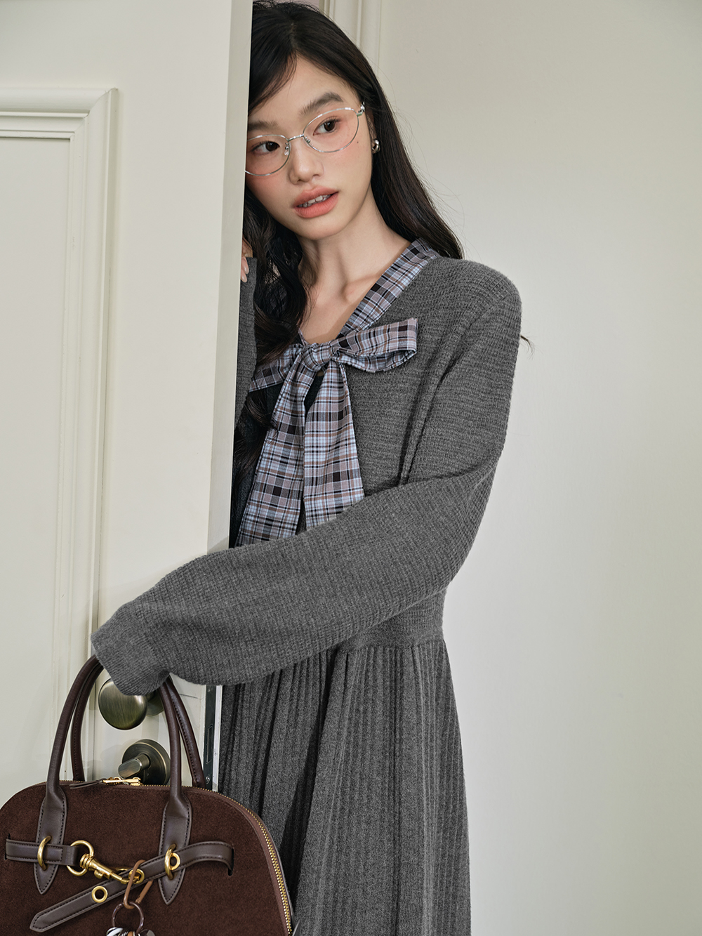 Plaid Ribbon Tie Knit Dress