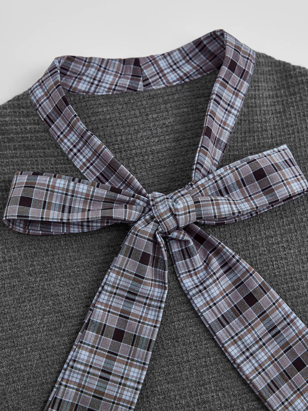 Plaid Ribbon Tie Knit Dress