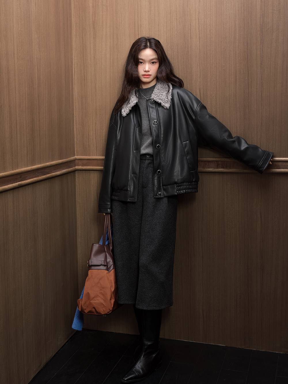 Furry Collar Faux Leather Jacket