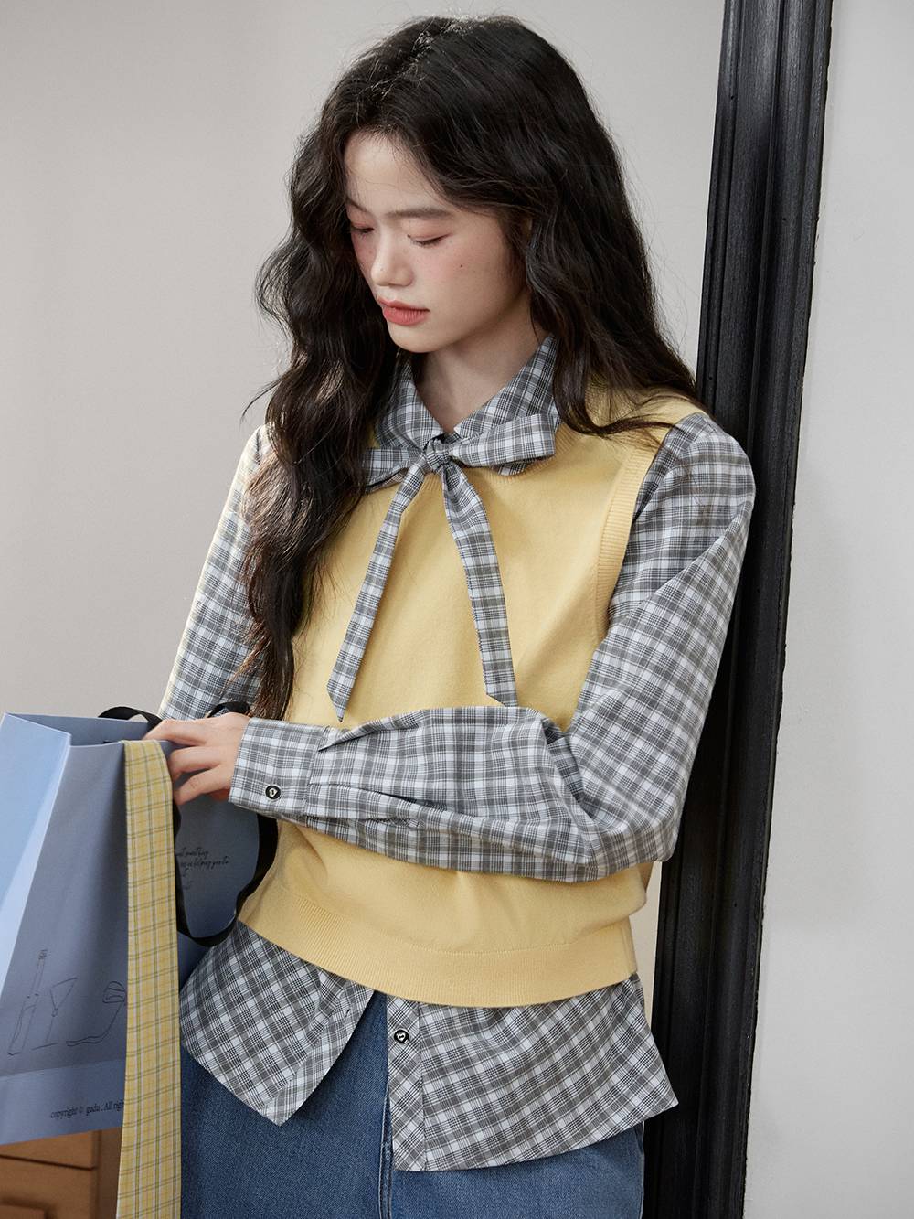 Plaid Bow Tie Blouse