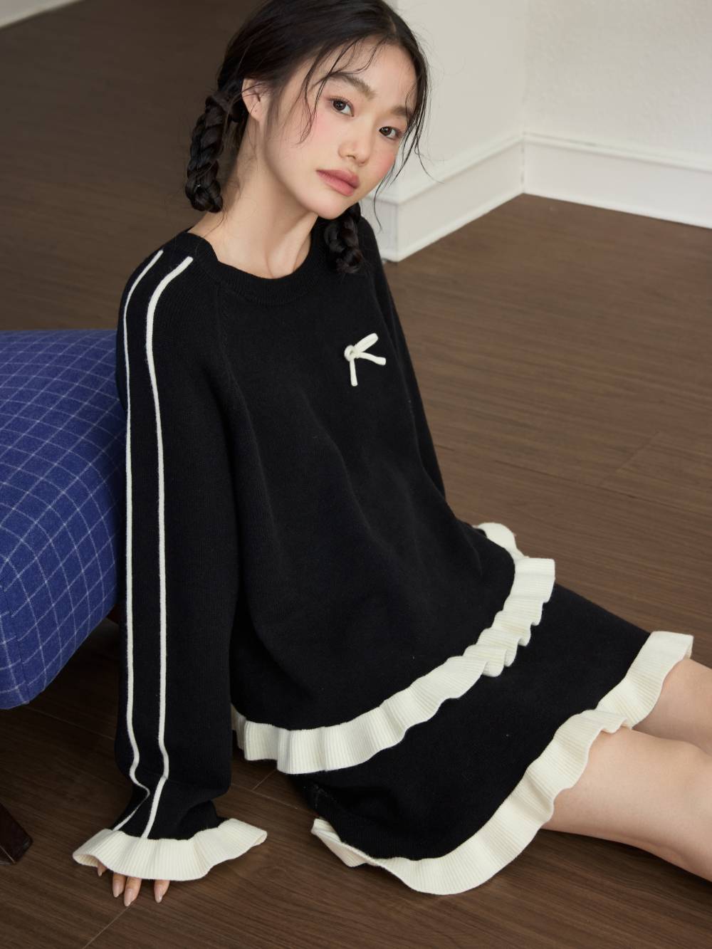 Contrast-Trim Sweater and Skirt