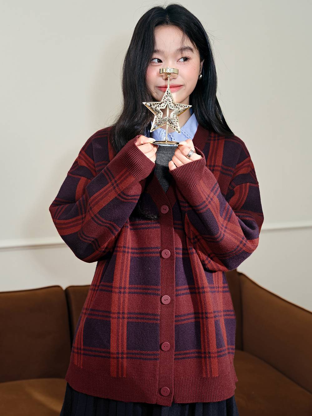 Red Plaid Cardigan Sweater