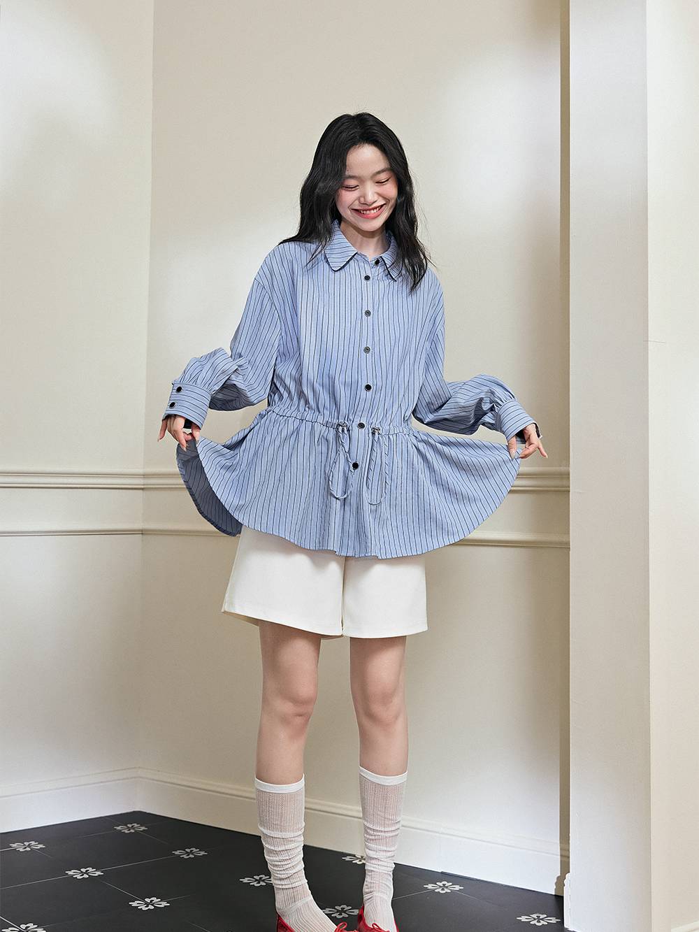 Striped Drawstring Waist Blouse