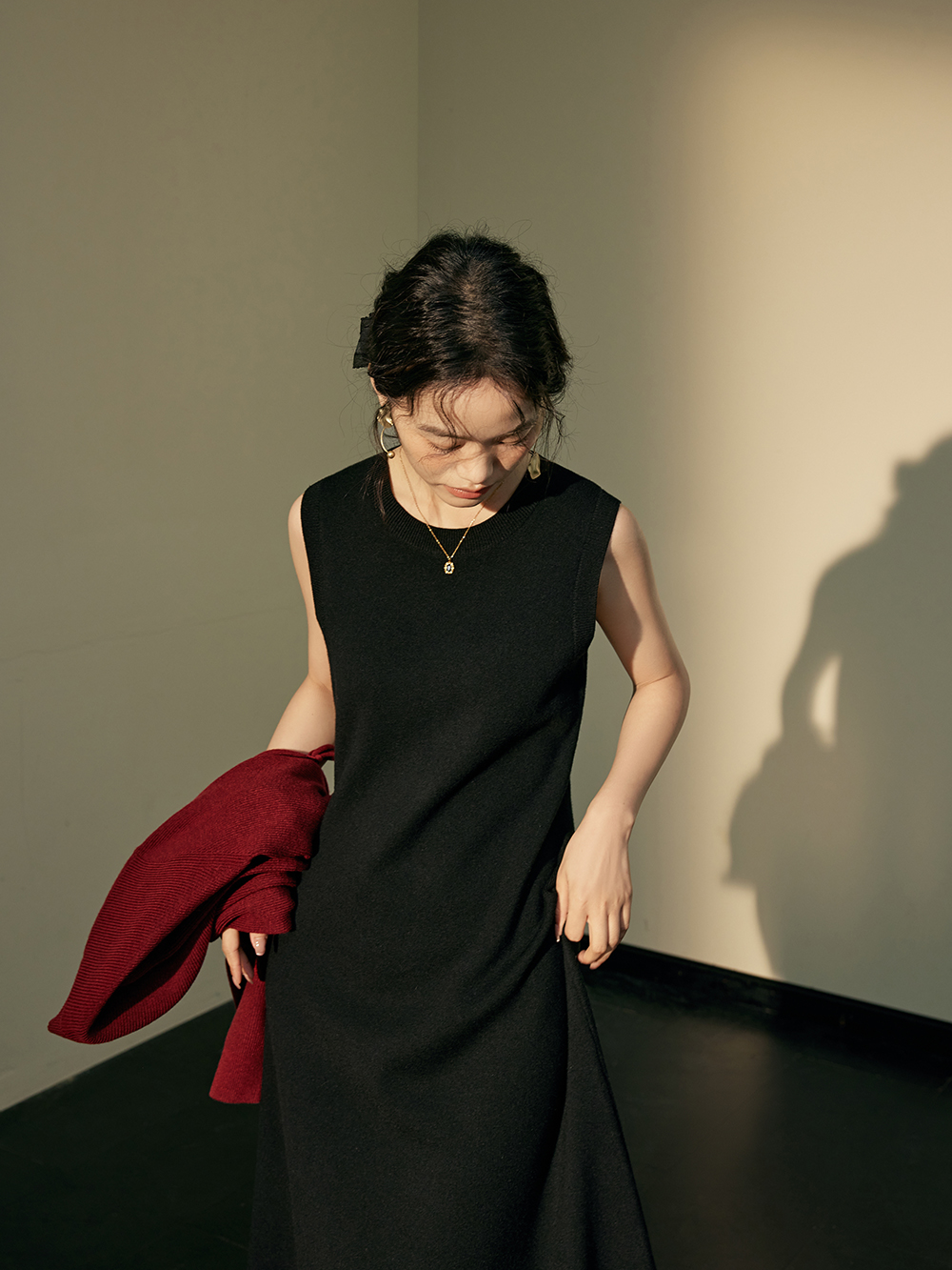 Red Cardigan and Black Dress