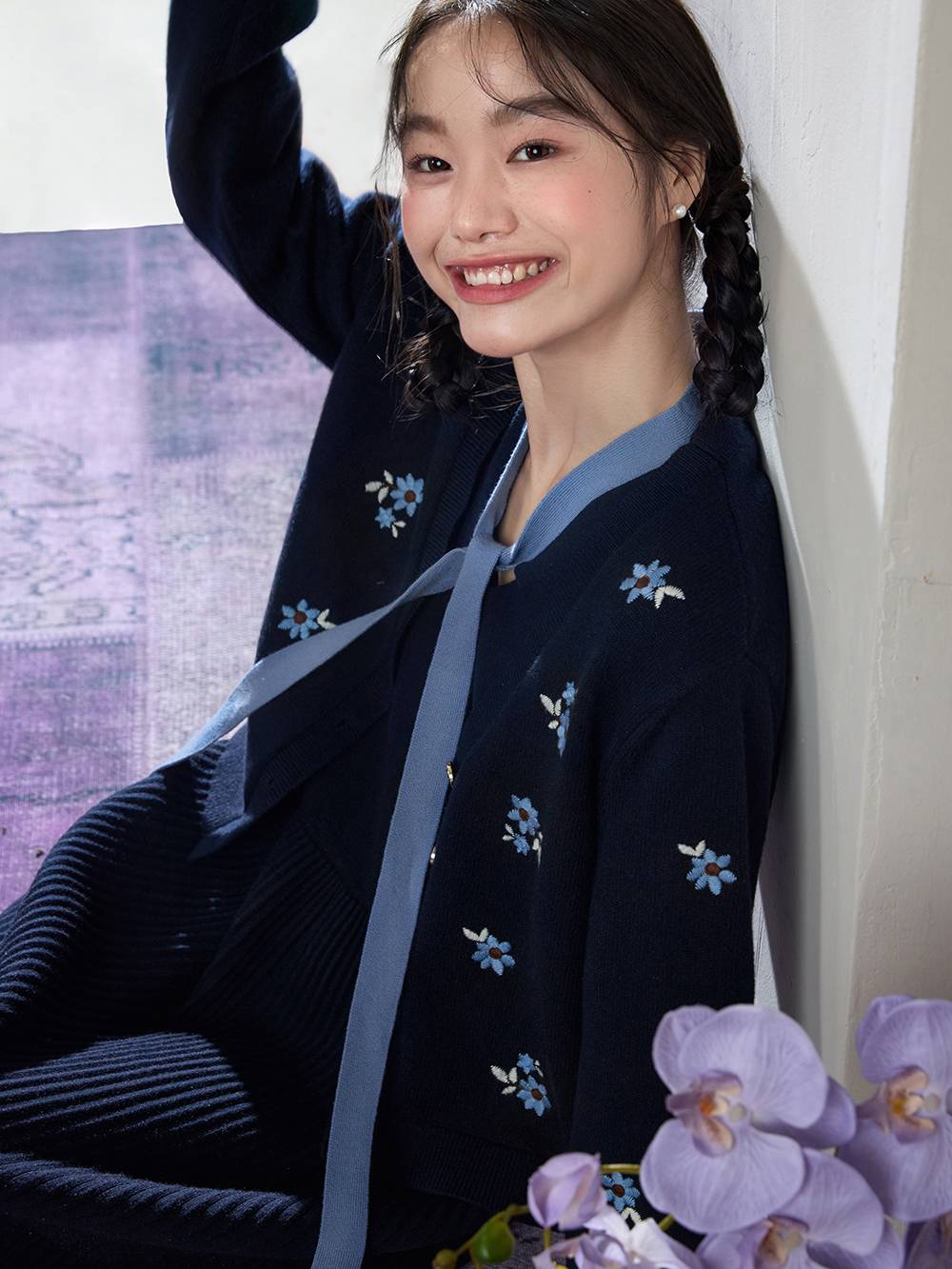 Embroidered Cardigan and Ribbon Tie Dress