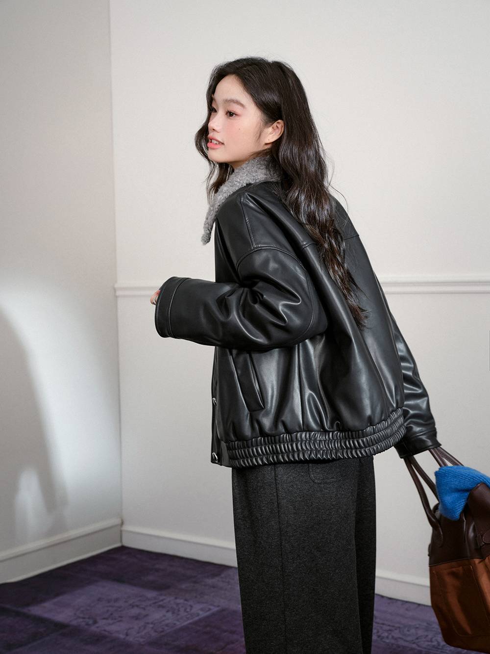 Furry Collar Faux Leather Jacket