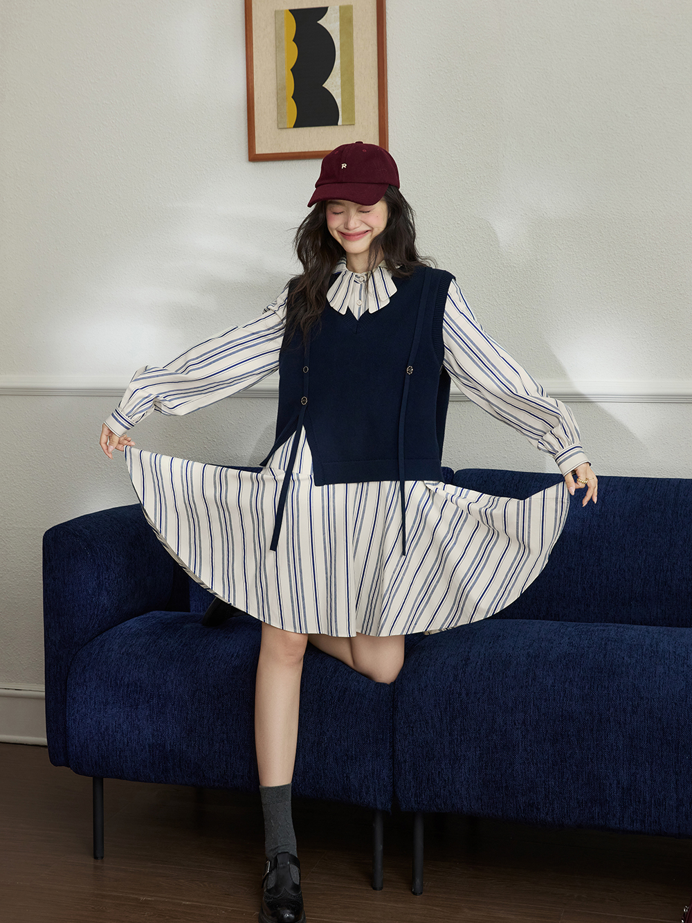 Vest and Striped Dress