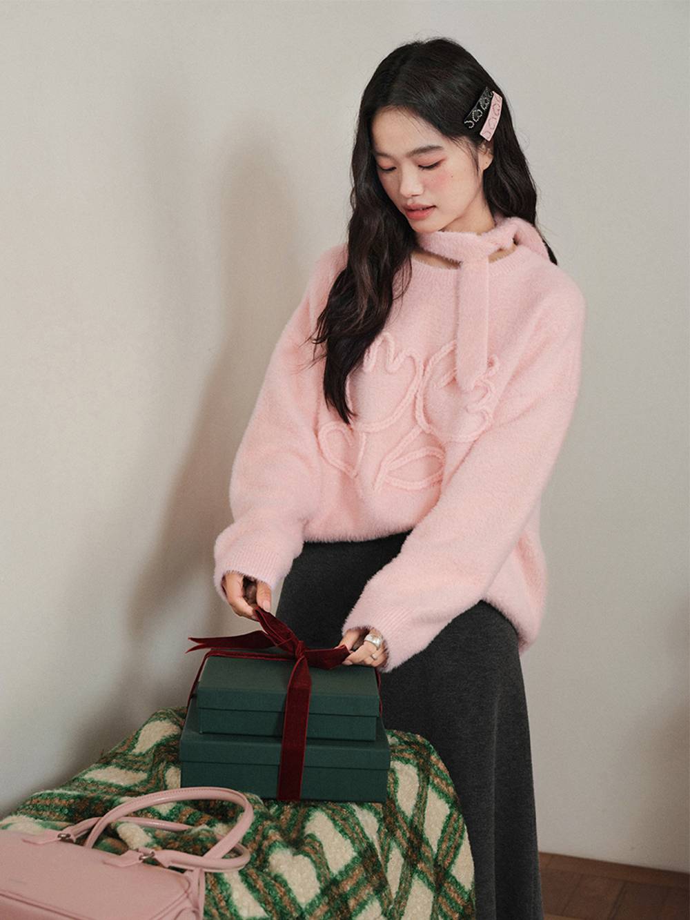 Neck Tie 3D Embroidered Sweater